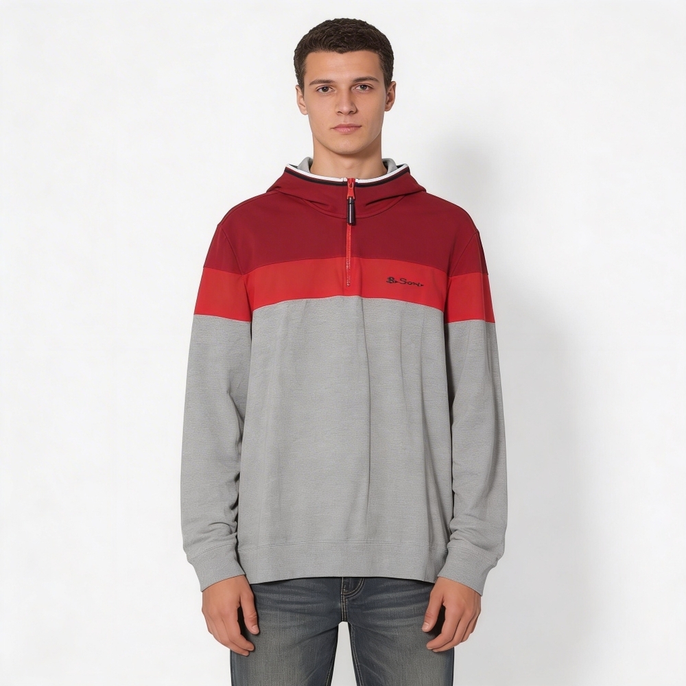 Ben Sherman Men's Quarter Zip Colorblock Pullover Sweatshirt Red/Gray L Top